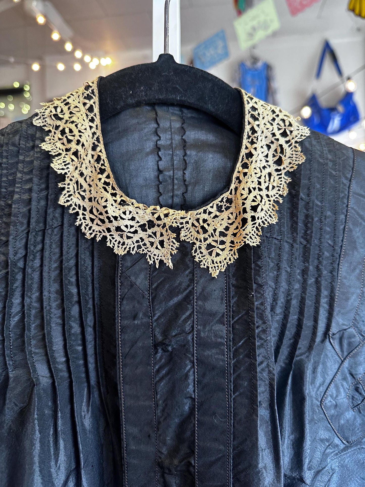 Vintage Victorian Edwardian Silk Black Blouse Lace Collar Geometric Pattern As Is