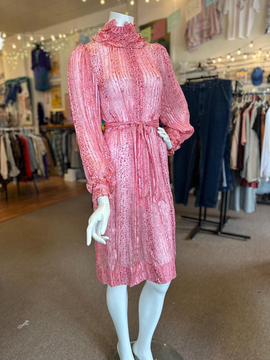 Vintage 1970's Silk Saks Fifth Avenue Sheer Metallic Ruffle Dress Disco With Belt As is