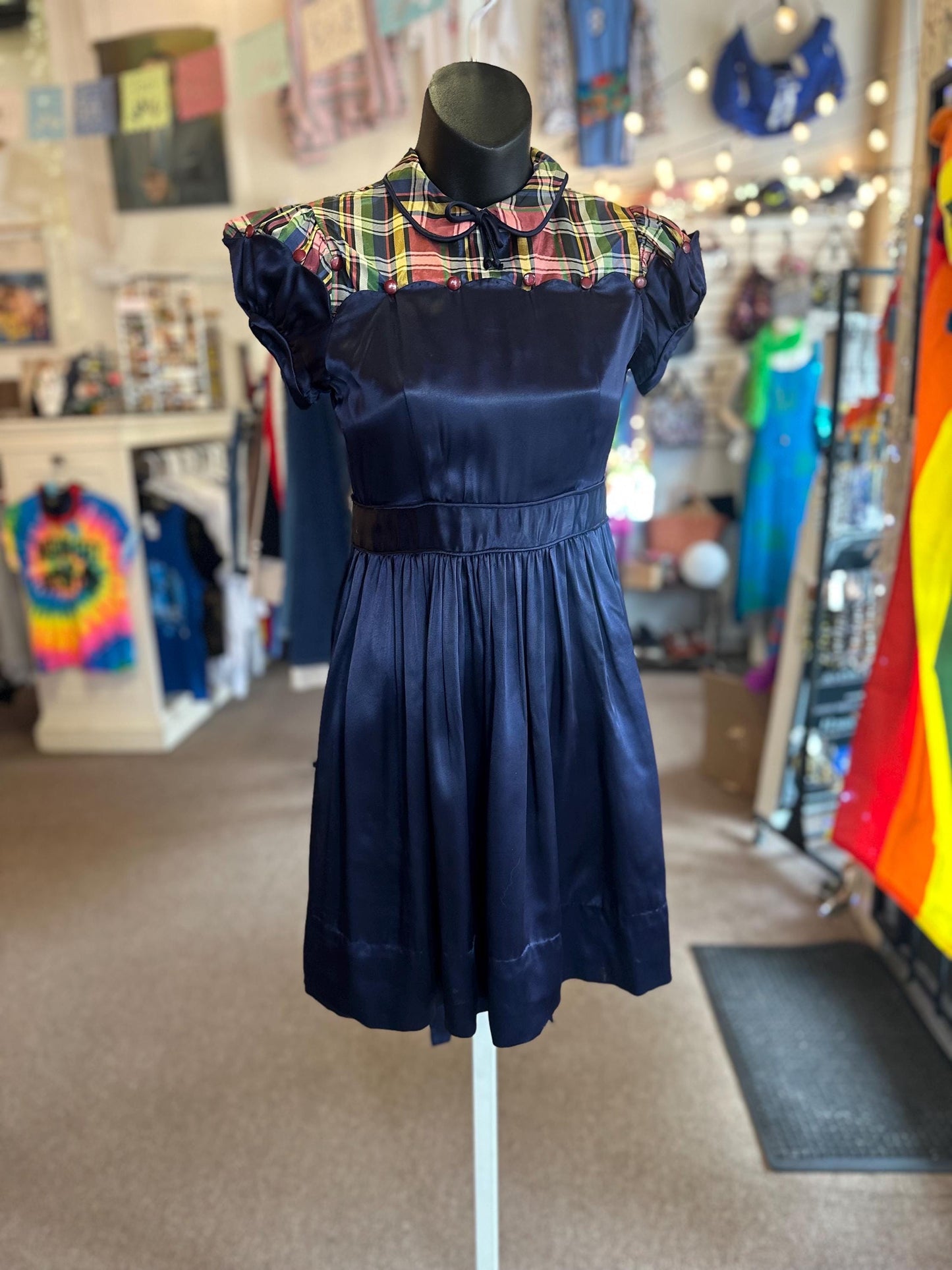 1940s Vintage Girls Juniors Taffeta and Plaid Party Dress