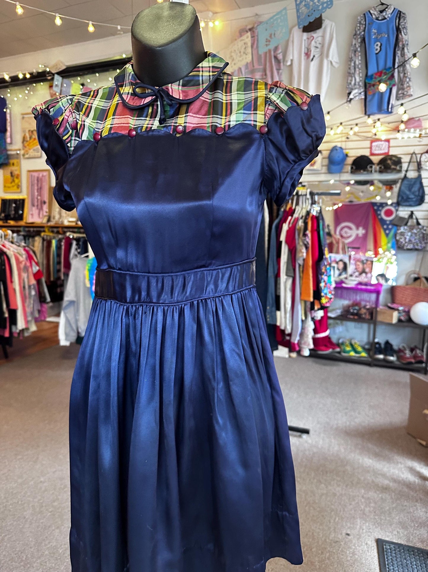 1940s Vintage Girls Juniors Taffeta and Plaid Party Dress