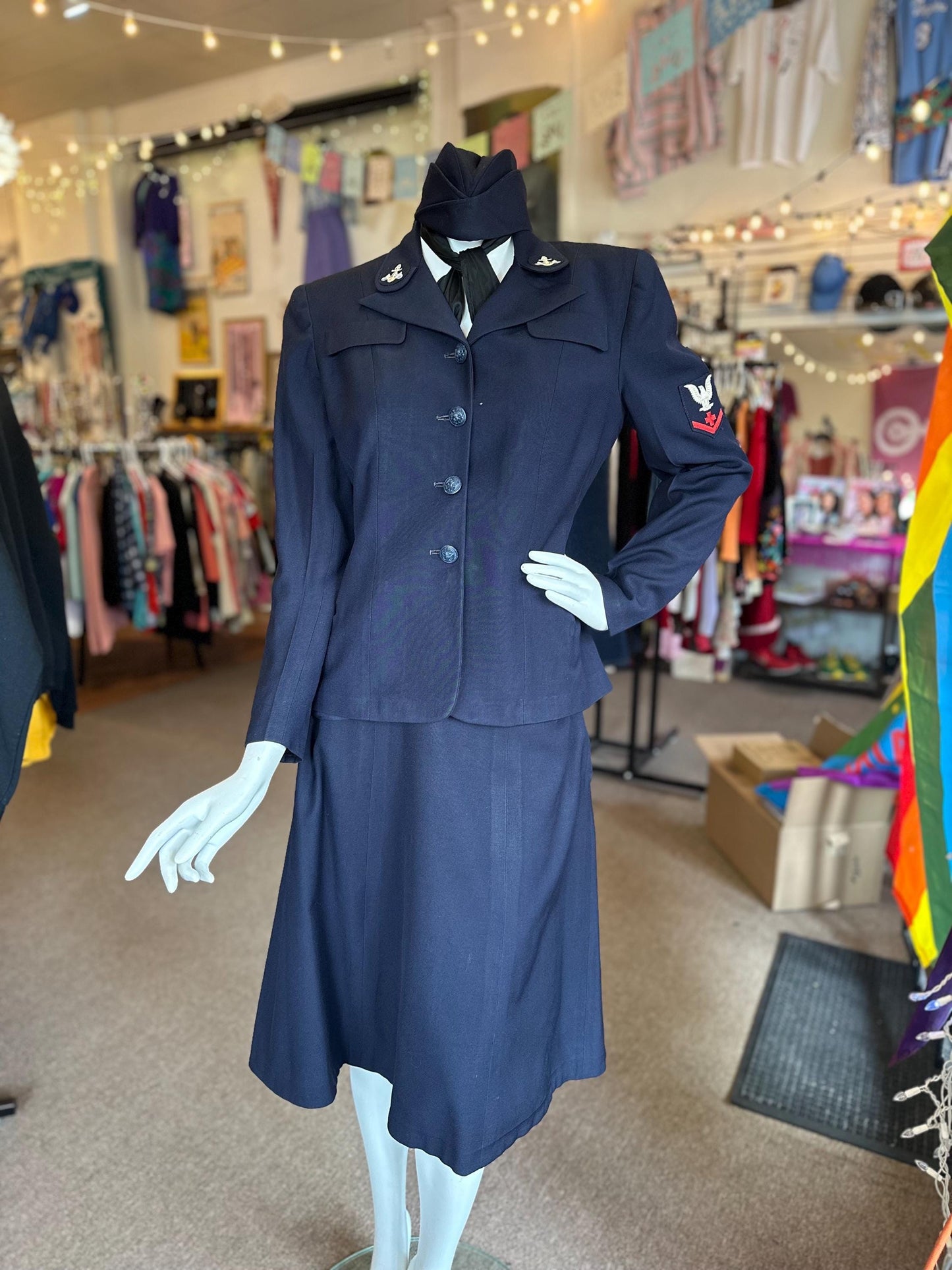 1940's WAVES Vintage Historical Women's Naval Reserve Navy Blue Medic Uniform Jacket, Skirt, Hat, and Scarf AS IS