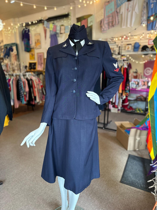 1940's WAVES Vintage Historical Women's Naval Reserve Navy Blue Medic Uniform Jacket, Skirt, Hat, and Scarf AS IS