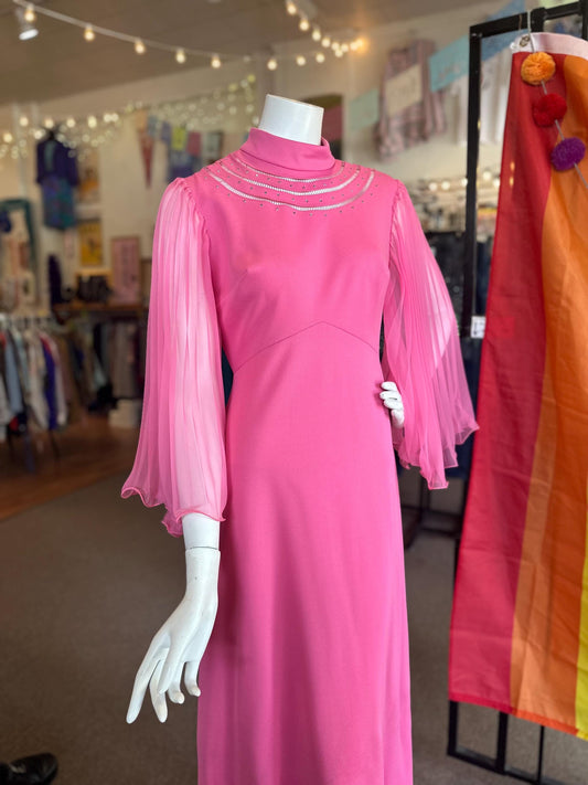 Vintage 1970's Bubble Gum Pink Hippie Empire Waist Dazzle Angel Sleeve Maxi Dress