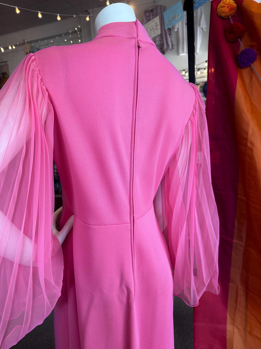 Vintage 1970's Bubble Gum Pink Hippie Empire Waist Dazzle Angel Sleeve Maxi Dress