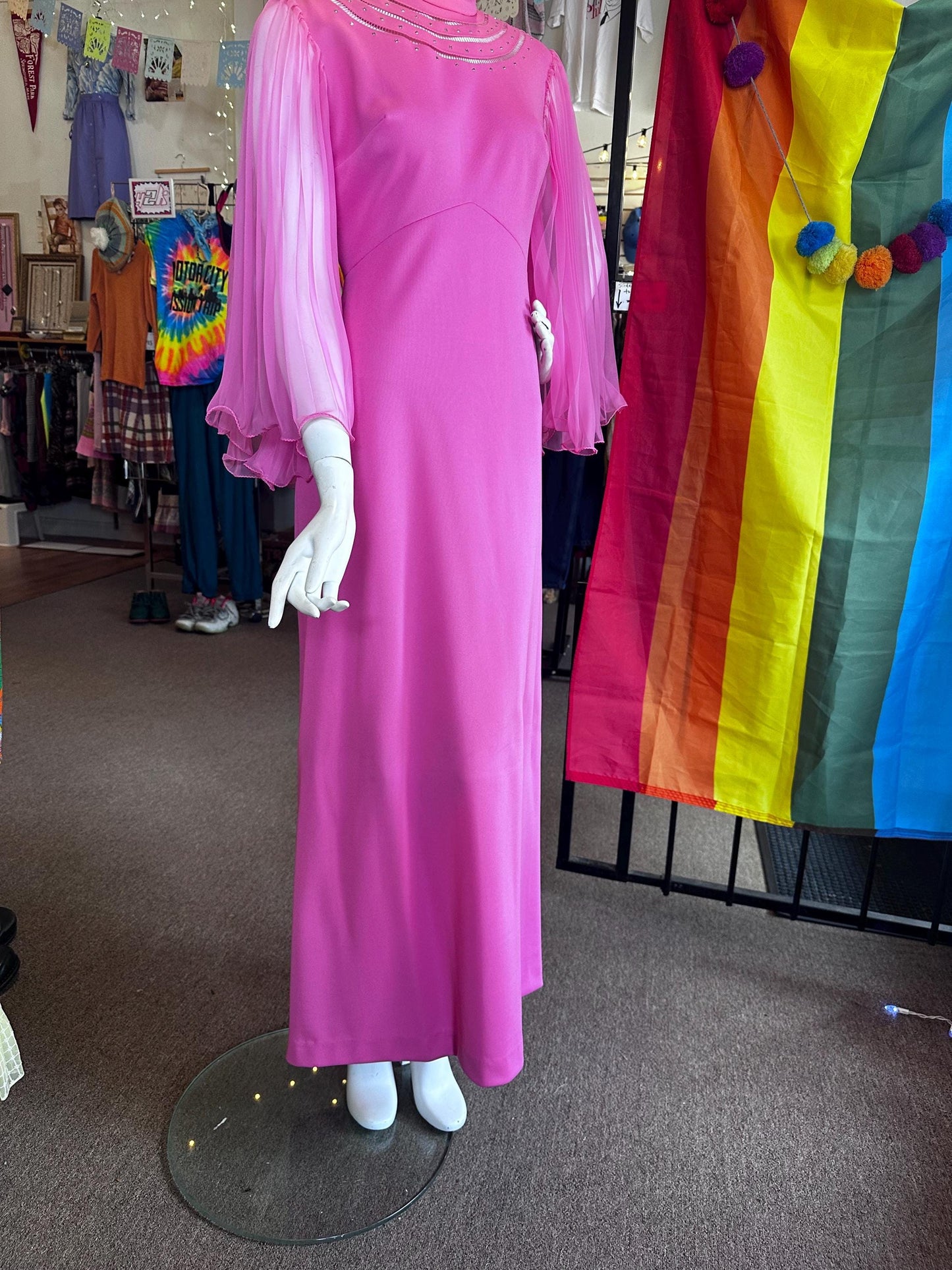 Vintage 1970's Bubble Gum Pink Hippie Empire Waist Dazzle Angel Sleeve Maxi Dress