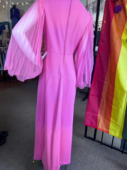 Vintage 1970's Bubble Gum Pink Hippie Empire Waist Dazzle Angel Sleeve Maxi Dress