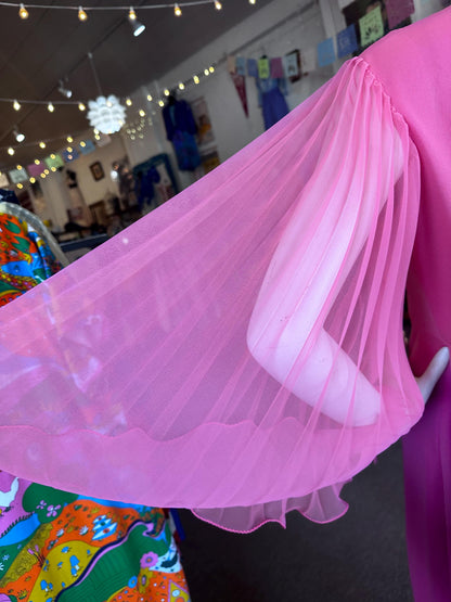 Vintage 1970's Bubble Gum Pink Hippie Empire Waist Dazzle Angel Sleeve Maxi Dress