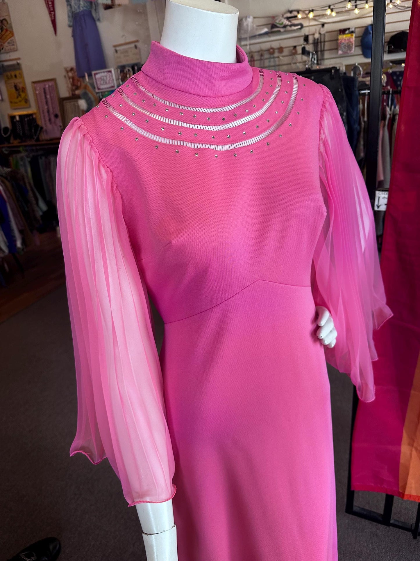 Vintage 1970's Bubble Gum Pink Hippie Empire Waist Dazzle Angel Sleeve Maxi Dress