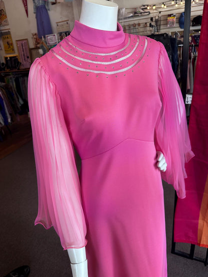 Vintage 1970's Bubble Gum Pink Hippie Empire Waist Dazzle Angel Sleeve Maxi Dress