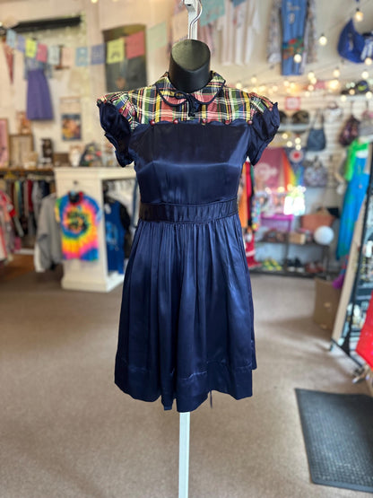 1940s Vintage Girls Juniors Taffeta and Plaid Party Dress