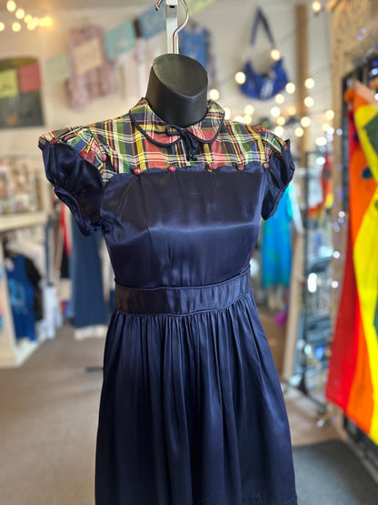 1940s Vintage Girls Juniors Taffeta and Plaid Party Dress