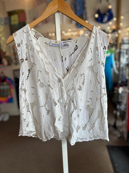 Vintage 1990s Smithsonian Institution Crochet Lace Top Blouse with Buttons M/L AS IS