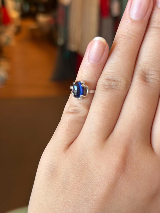 Vintage Art Deco Blue Hawk's Eye Tiger Eye Sterling silver Youth Children's Petite size 3 Ring