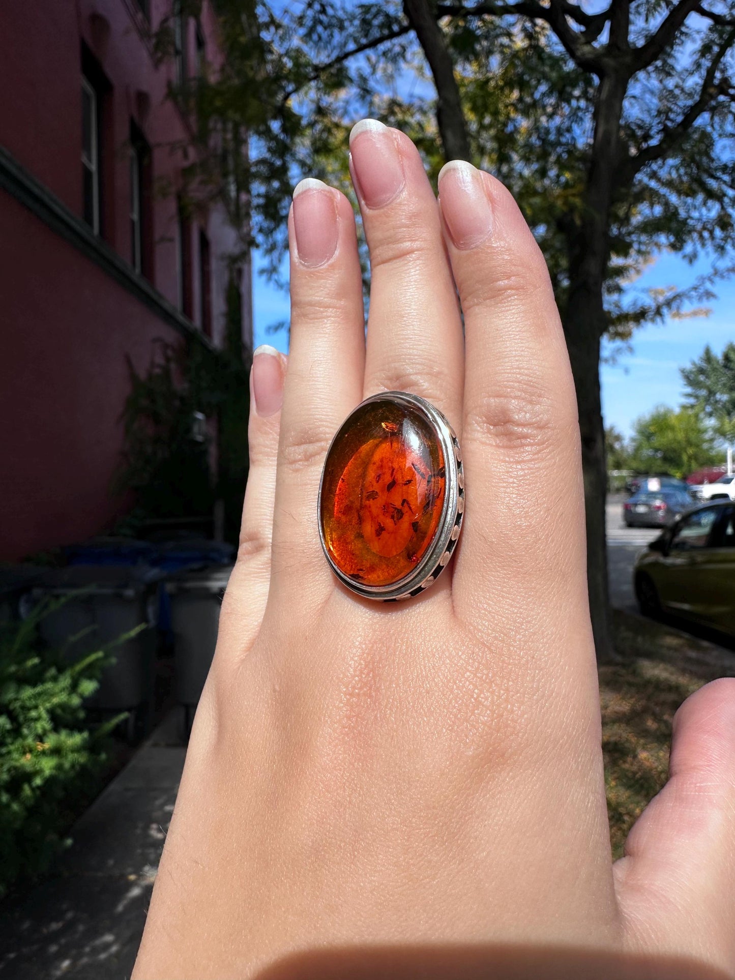 Vintage Sterling Silver Stamped Huge Amber Ring Size 7.5/8