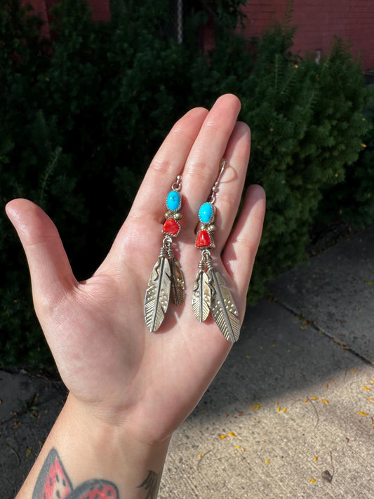 Vintage Lester Ortiz Signed Sterling Silver Navajo Turquoise and Coral Inspired Feather Dangle Earrings