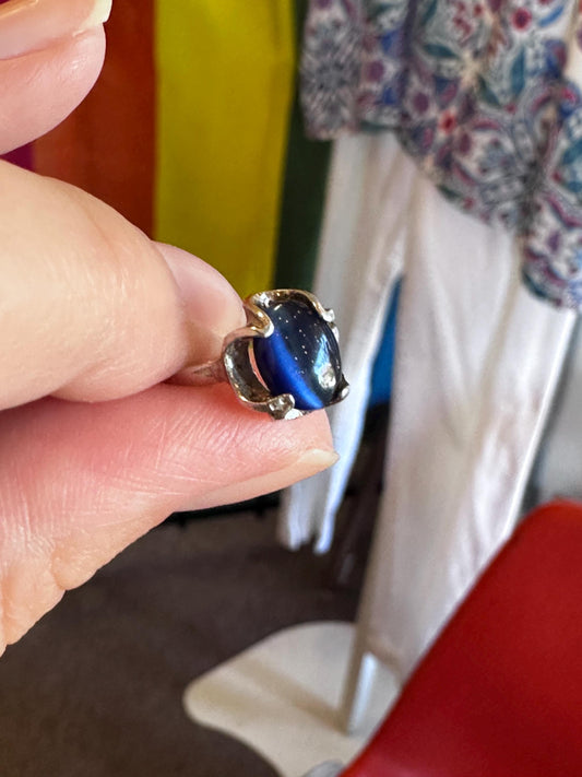 Vintage Art Deco Blue Hawk's Eye Tiger Eye Sterling silver Youth Children's Petite size 3 Ring