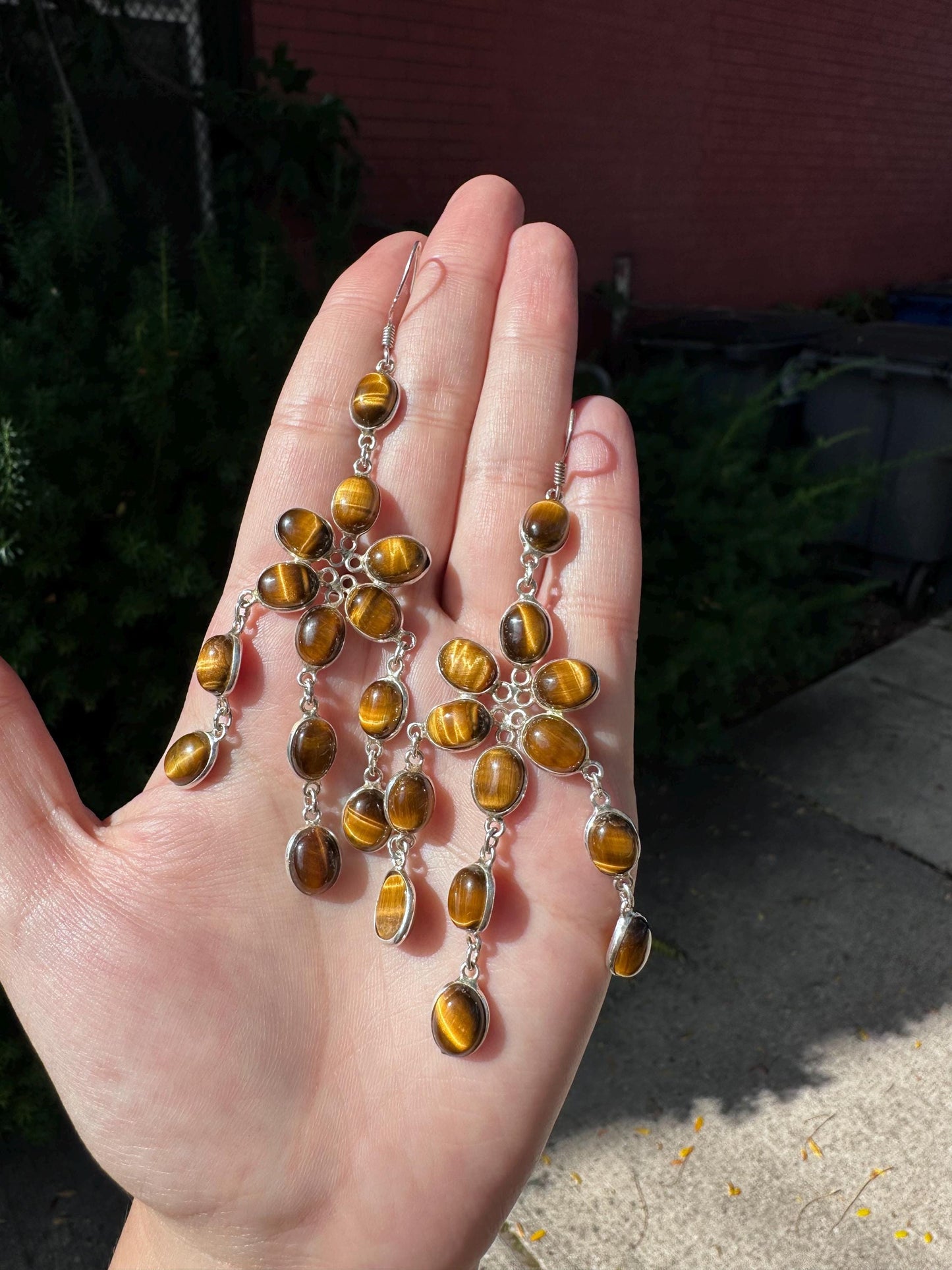 Vintage Sterling Silver Tiger’s Eye Floral Dangle Earrings – Statement Piece