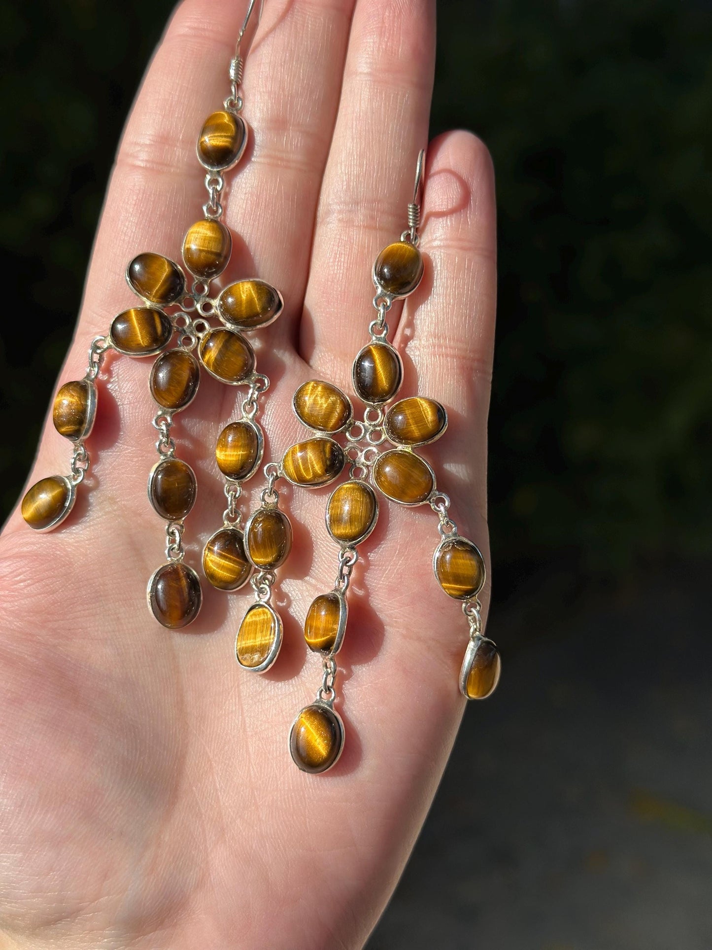 Vintage Sterling Silver Tiger’s Eye Floral Dangle Earrings – Statement Piece