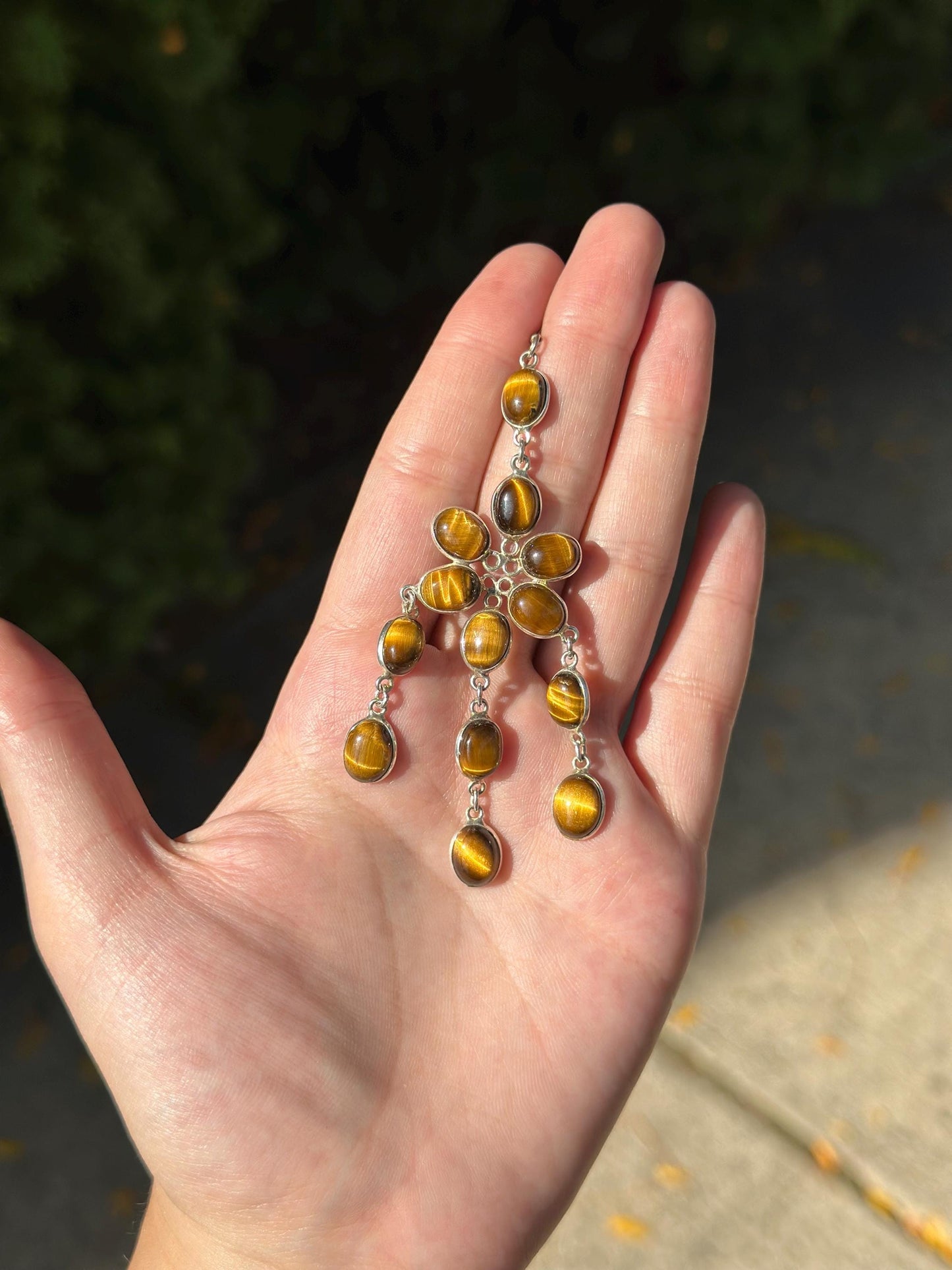 Vintage Sterling Silver Tiger’s Eye Floral Dangle Earrings – Statement Piece