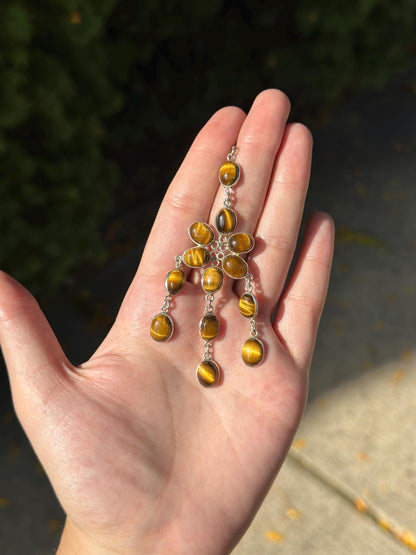 Vintage Sterling Silver Tiger’s Eye Floral Dangle Earrings – Statement Piece