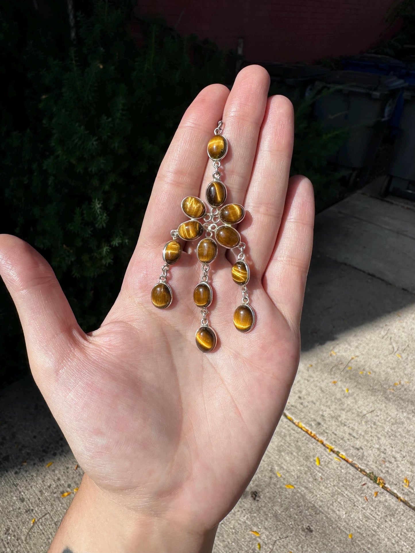 Vintage Sterling Silver Tiger’s Eye Floral Dangle Earrings – Statement Piece