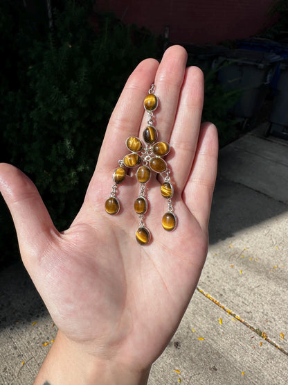 Vintage Sterling Silver Tiger’s Eye Floral Dangle Earrings – Statement Piece