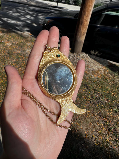 1960's/70's Vintage Mod Kitschy Rare and Unique Fish Mirror Necklace Gold Tone Great Condition Cutesy Twee