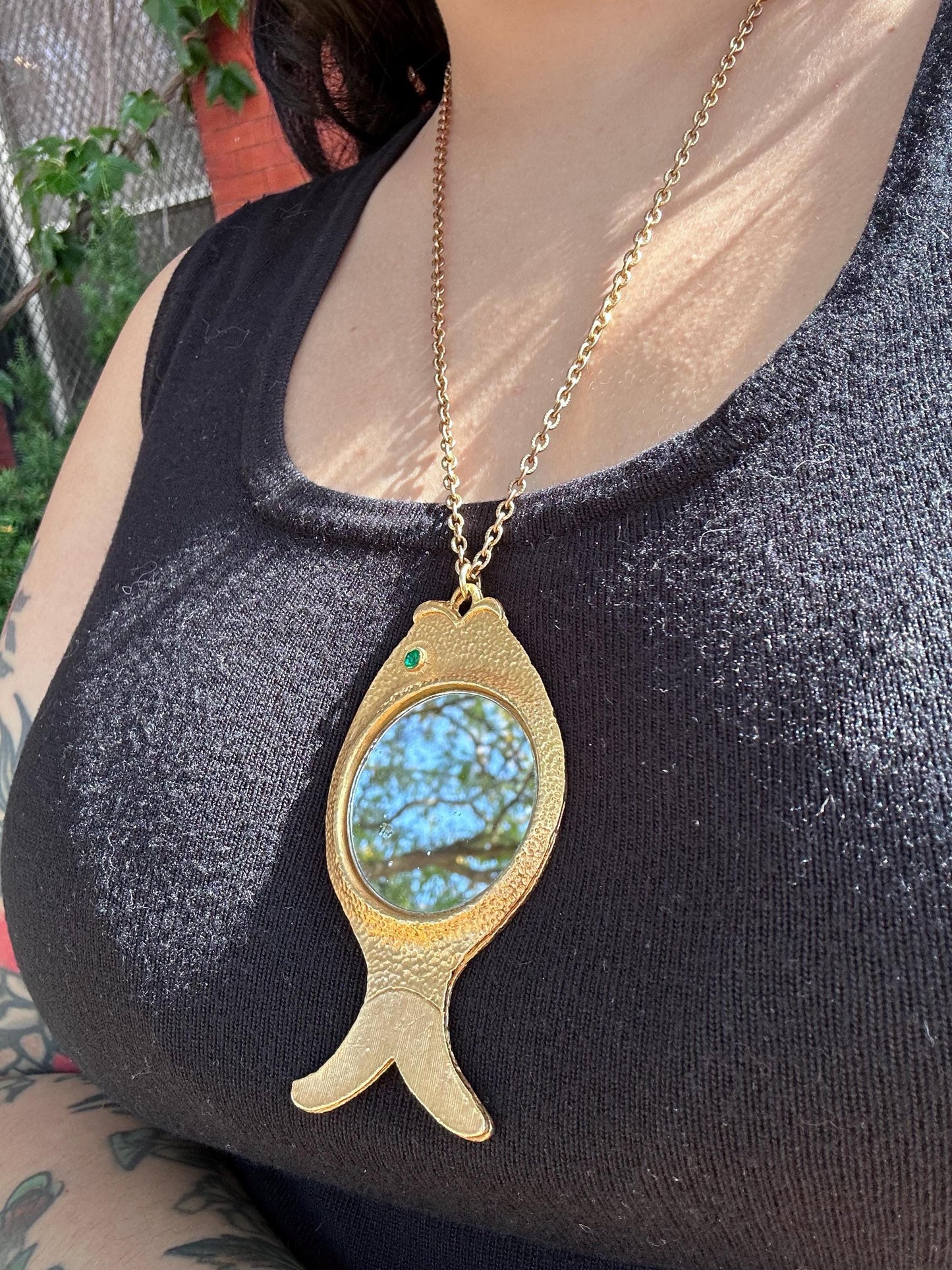 1960's/70's Vintage Mod Kitschy Rare and Unique Fish Mirror Necklace Gold Tone Great Condition Cutesy Twee