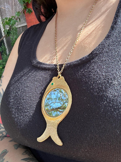 1960's/70's Vintage Mod Kitschy Rare and Unique Fish Mirror Necklace Gold Tone Great Condition Cutesy Twee