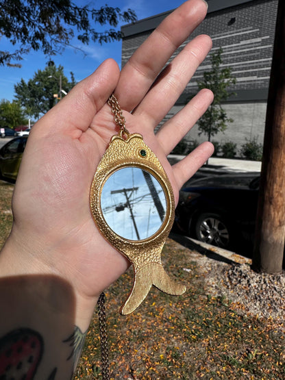 1960's/70's Vintage Mod Kitschy Rare and Unique Fish Mirror Necklace Gold Tone Great Condition Cutesy Twee