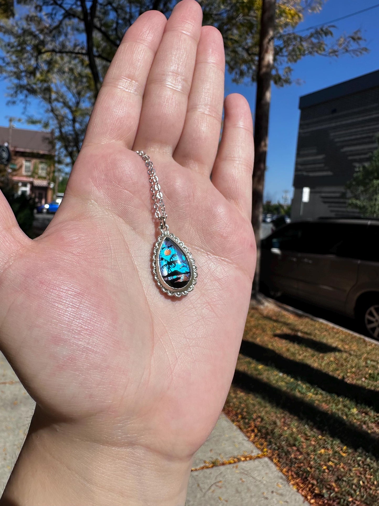 Real Butterfly Morpho Wing Handpainted Scene Tear Drop Sterling Silver unmarked Reversible necklace