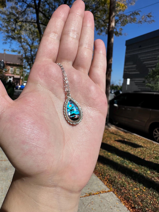 Real Butterfly Morpho Wing Handpainted Scene Tear Drop Sterling Silver unmarked Reversible necklace