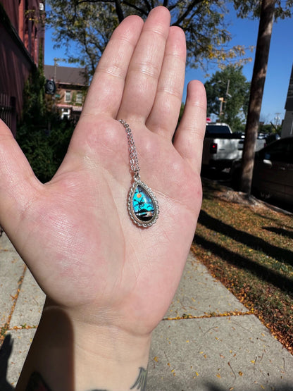 Real Butterfly Morpho Wing Handpainted Scene Tear Drop Sterling Silver unmarked Reversible necklace