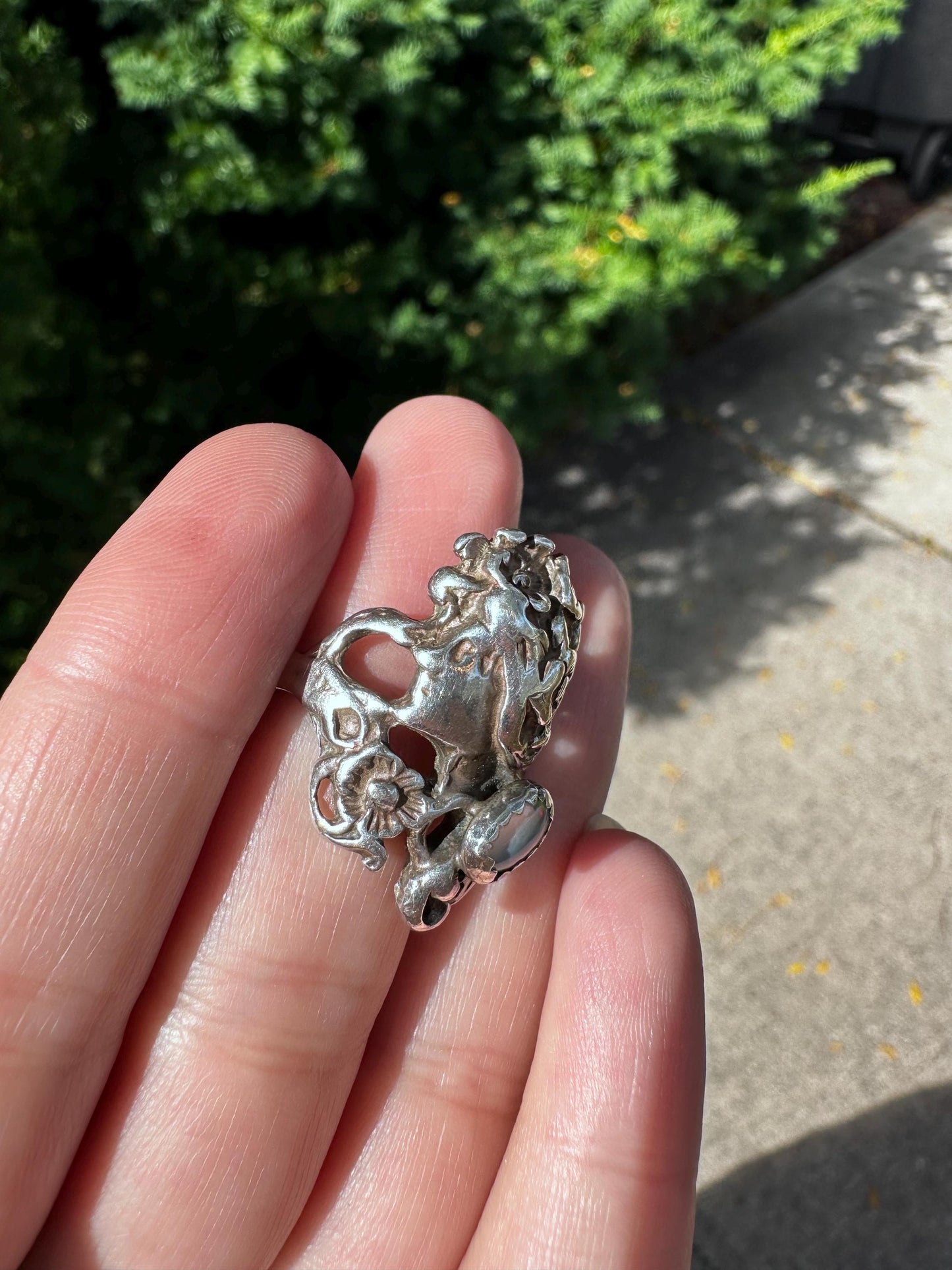Vintage Art Deco Art Noveau Opal Sterling Silver Woman Flower Crown Size US 8.5