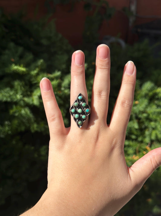 Vintage Rare Sterling Silver Pointed Turquoise Mermaid Scale Ring – Size 5.5–6