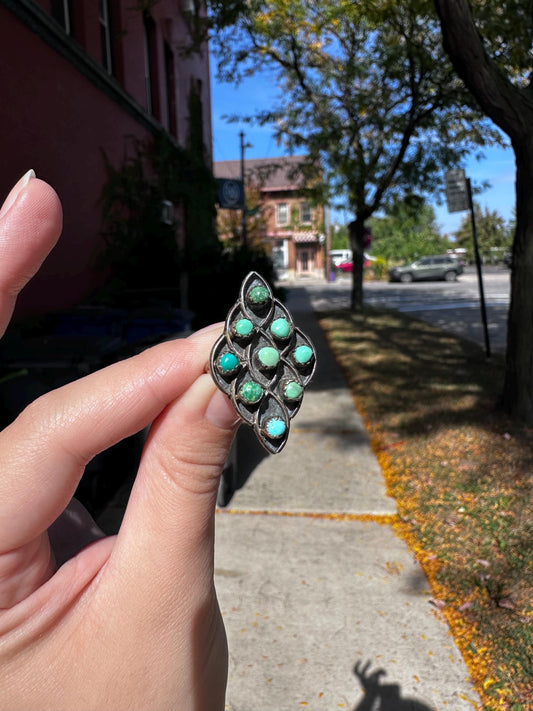 Vintage Rare Sterling Silver Pointed Turquoise Mermaid Scale Ring – Size 5.5–6