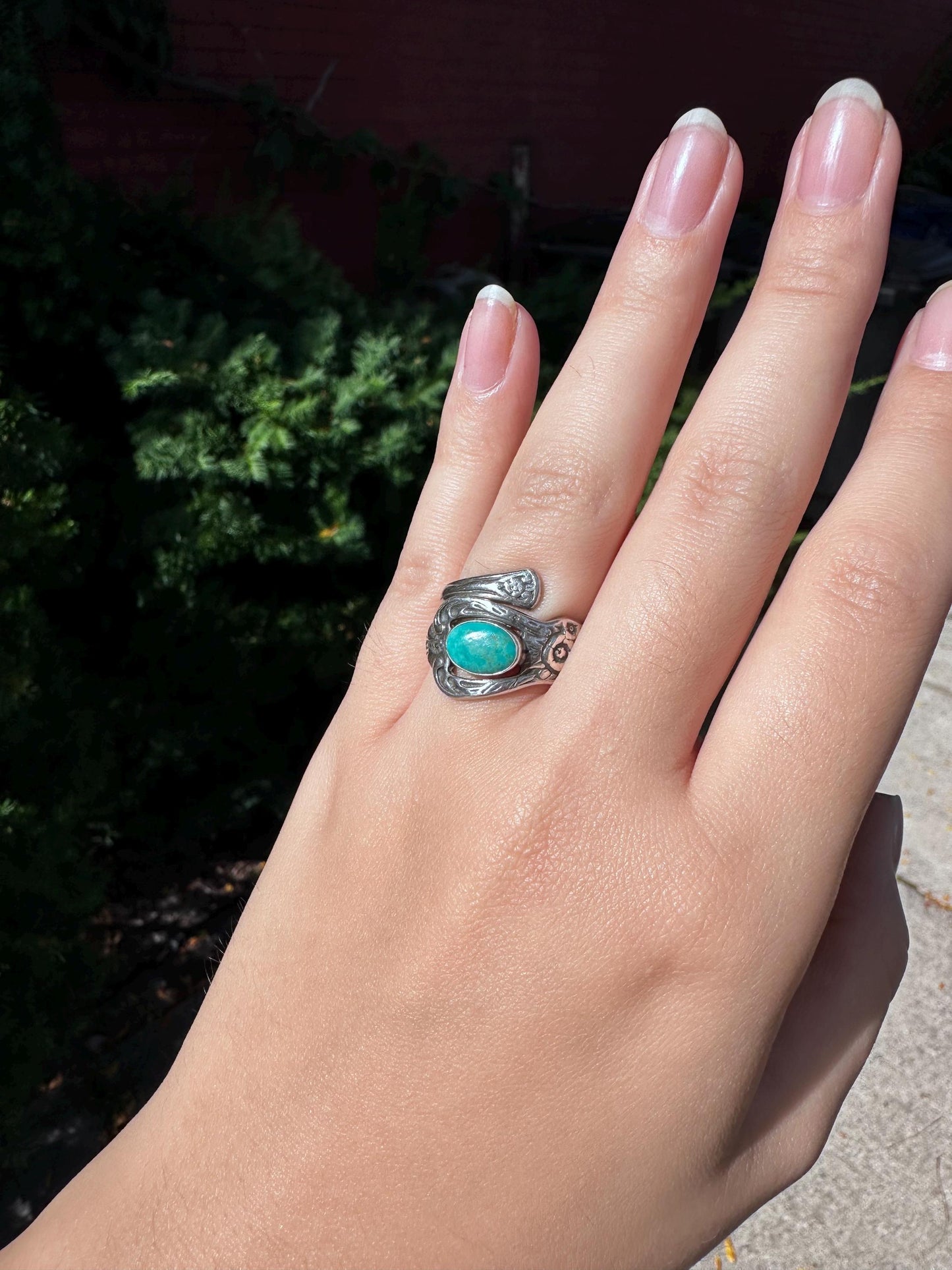 Vintage Sterling Silver Handmade  Turqoise Spoon Ring size 5.5