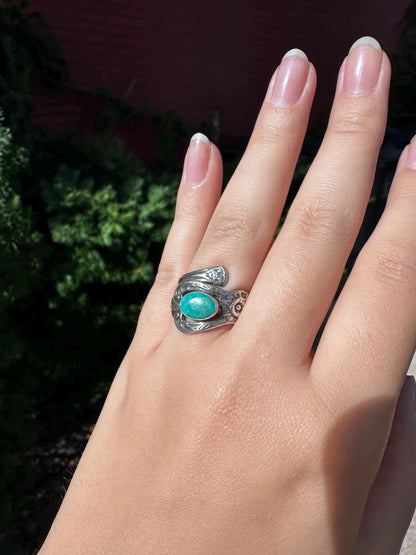 Vintage Sterling Silver Handmade  Turqoise Spoon Ring size 5.5