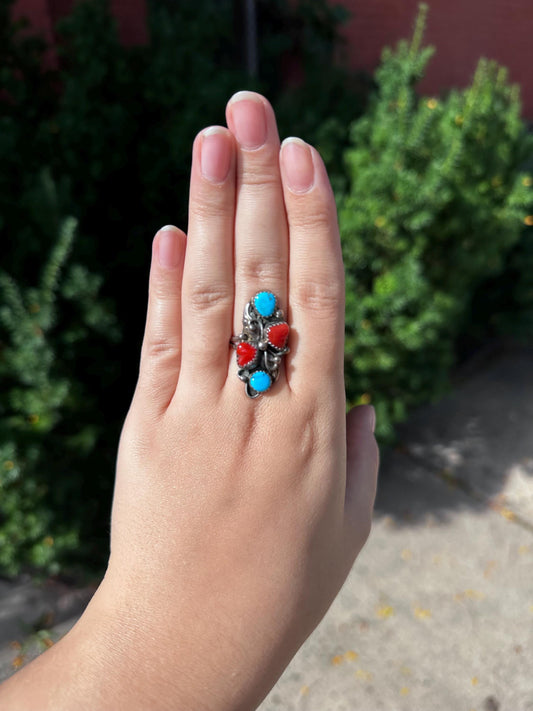 Vintage Handmade Stamped Sterling Silver Turquoise & Coral Ring – Hidden Heart, Size 7