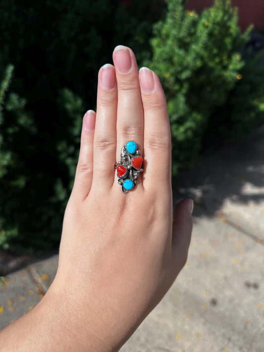Vintage Handmade Stamped Sterling Silver Turquoise & Coral Ring – Hidden Heart, Size 7