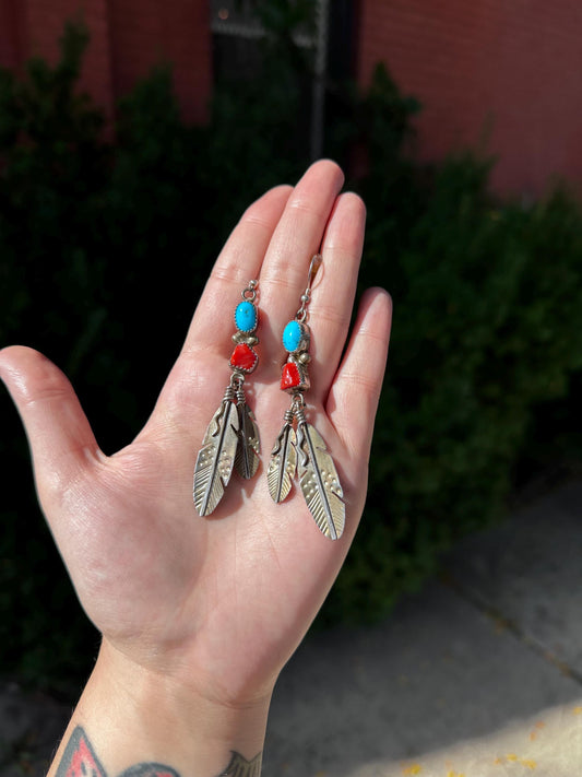 Vintage Lester Ortiz Signed Sterling Silver Navajo Turquoise and Coral Inspired Feather Dangle Earrings