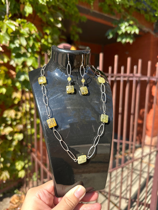 Untreated Natural Faceted Peridot Sterling Silver Paper Clip Chain Sterling Silver Necklace and Earring set