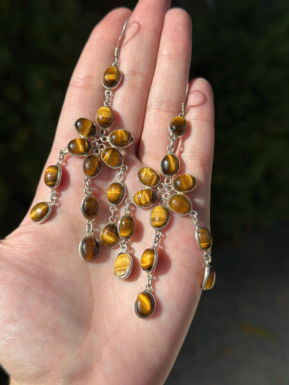 Vintage Sterling Silver Tiger’s Eye Floral Dangle Earrings – Statement Piece