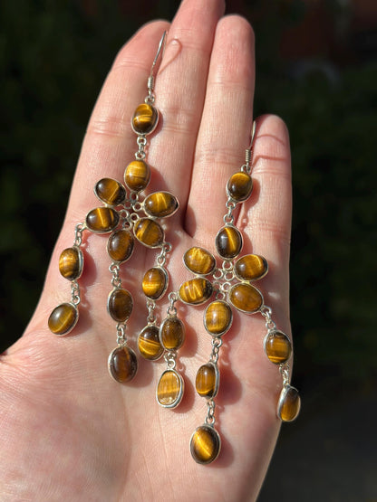 Vintage Sterling Silver Tiger’s Eye Floral Dangle Earrings – Statement Piece