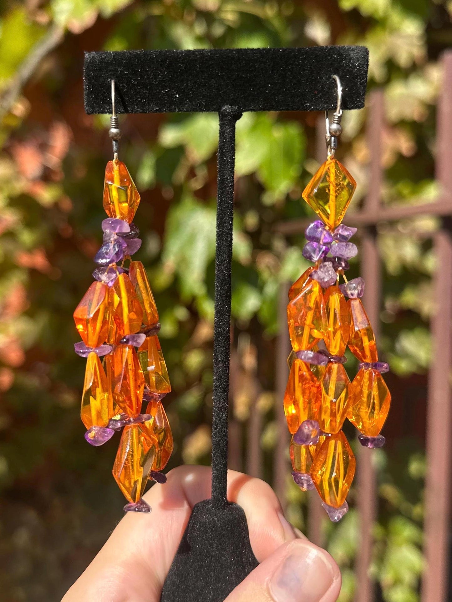 Beautiful Artsy Vintage Faceted Amber With Amethyst Bead Dangle Earrings.