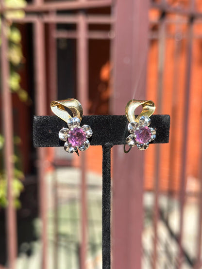MCM Vintage Atomic 1940's-1950's Henry and Co Gold Filled Purple Buttercup Screw Back Clip On Earrings