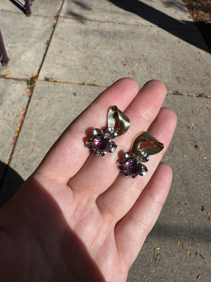 MCM Vintage Atomic 1940's-1950's Henry and Co Gold Filled Purple Buttercup Screw Back Clip On Earrings