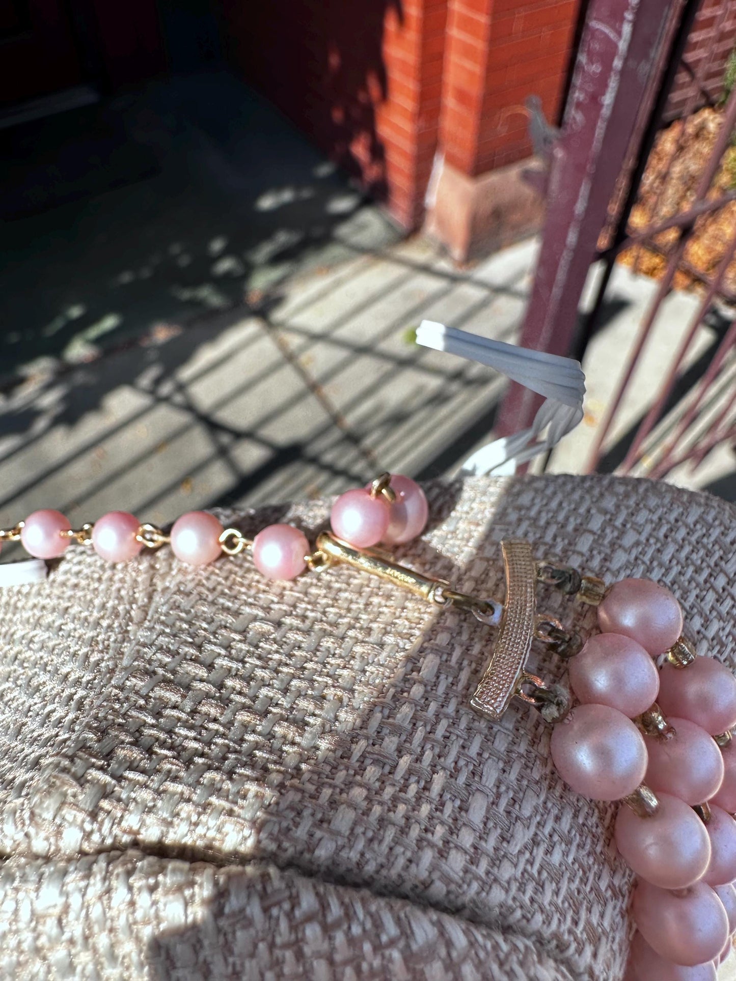 MCM Japanese 1950's Multistrand Pink and Crystal Bead Necklace with Matching Clip on Earrings Set