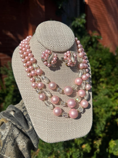 MCM Japanese 1950's Multistrand Pink and Crystal Bead Necklace with Matching Clip on Earrings Set