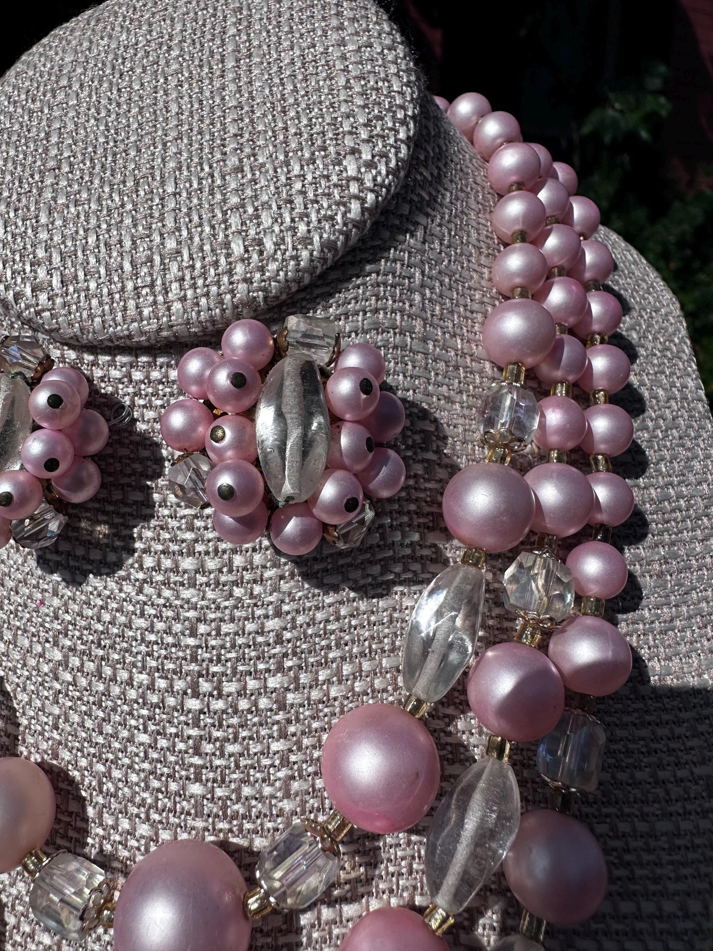 MCM Japanese 1950's Multistrand Pink and Crystal Bead Necklace with Matching Clip on Earrings Set
